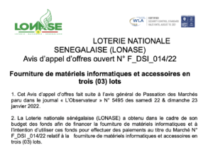 Lire la suite à propos de l’article LOTERIE NATIONALE SENEGALAISE (LONASE) 