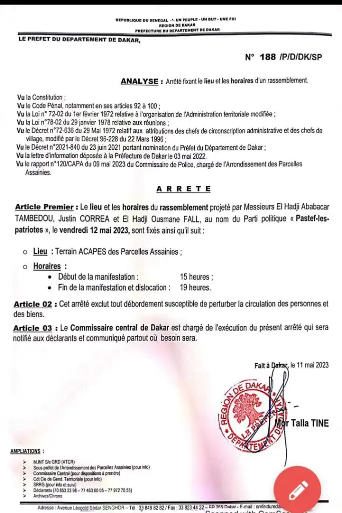 You are currently viewing Parcelles Assainies: Le préfet de Dakar « autorise le rassemblement des patriotes »