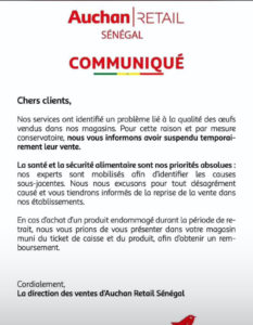Lire la suite à propos de l’article Auchan-Sénégal assume et reconnait ses erreurs commus d’avoir vendu des « œufs pourris » à ses clients