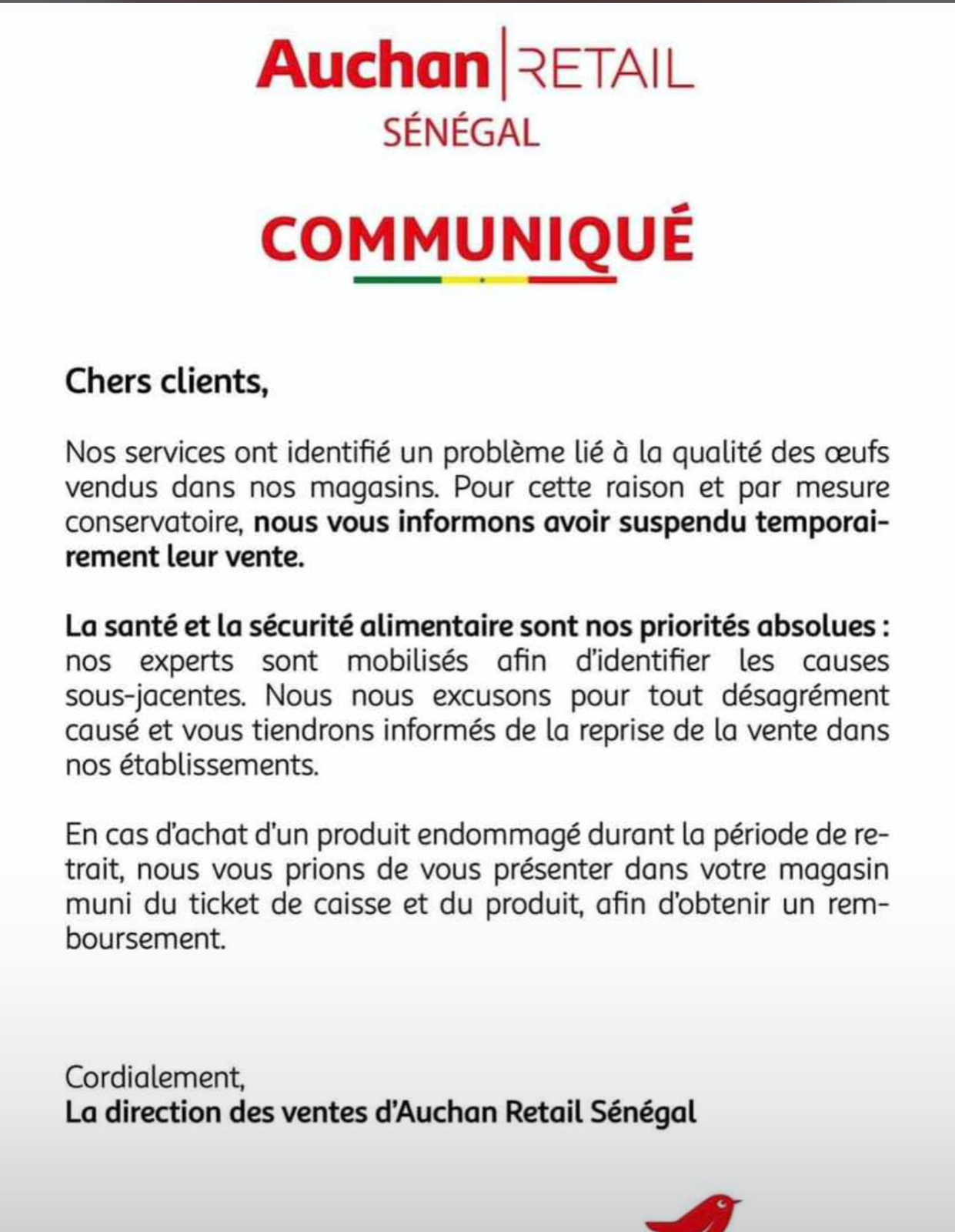 You are currently viewing Auchan-Sénégal assume et reconnait ses erreurs commus d’avoir vendu des « œufs pourris » à ses clients